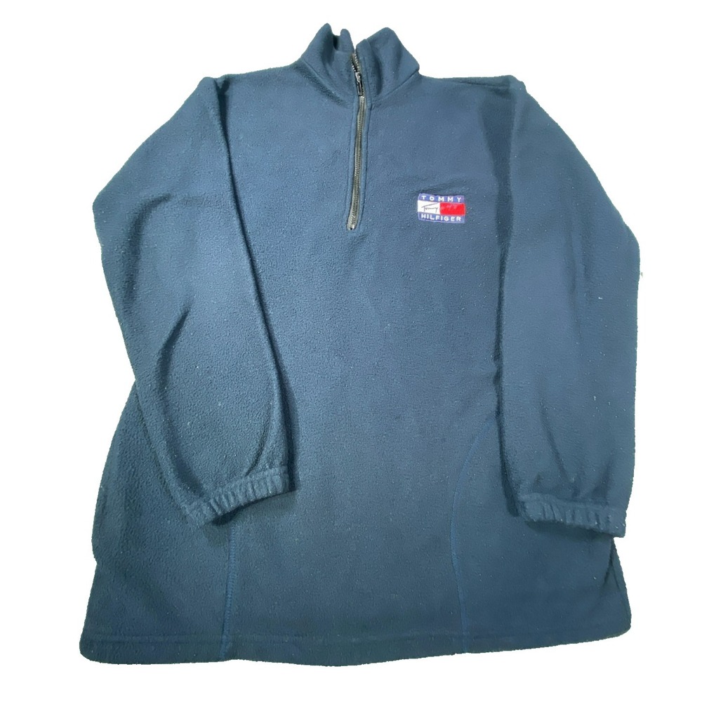 Tommy Hilfiger‎ Fleece Pullover Mens Large Blue Quarter Zip Logo Sweater Warm